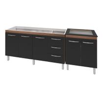 Armário Cozinha Gabinete Pia De 160 cm Emily Com Balcão Cooktop 4 Bocas Savana Frente Preta Jade