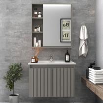 Armário de Banheiro Alpes 60 Cm 3 Portas 100% Mdf Ripado com Espelho Cimento - Belizze Móveis