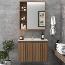 Armário de Banheiro Alpes 60 Cm 3 Portas 100% Mdf Ripado com Espelho Noce - Belizze Móveis Armário de Banheiro Alpes 60 Cm 3 Portas 100% Mdf Ripado com Espelho Noce - Belizze Móveis
