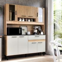 Armário de Cozinha 120cm Balcão e Aéreo Ripado 8 Portas Gaveta Grande com Porta de Vidro Coral Armário de Cozinha 120cm Balcão e Aéreo Ripado 8 Portas Gaveta Grande com Porta de Vidro Coral