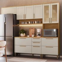 Armário de Cozinha Americana Modulada com Balcão e Tampo 11 Portas 2 Gavetas Texas 100% Mdf com Vidro Reflecta Amêndoa/Off White - Pnr Móveis