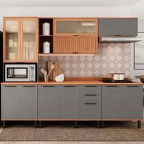 Armário de Cozinha Castanha 2700mm com Ripado e Vidro 5 Peças Cinza/Freijó Armário de Cozinha Castanha 2700mm com Ripado e Vidro 5 Peças Cinza/Freijó