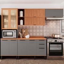 Armário de Cozinha Castanha 2700mm com Vidro e Ripado 4 Peças Cinza/Freijó Armário de Cozinha Castanha 2700mm com Vidro e Ripado 4 Peças Cinza/Freijó