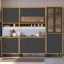 Armário de Cozinha com Balcão e Tampo 11 Portas 4 Gavetas Pérola 100% Mdf Vidro Reflecta Amêndoa/Chumbo - Pnr Móveis