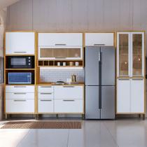 Armário de Cozinha com Balcão e Tampo 11 Portas 5 Gavetas Pérola 100% Mdf Vidro Reflecta Amêndoa/Branco - Pnr Móveis