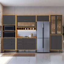 Armário de Cozinha com Balcão e Tampo 11 Portas 5 Gavetas Pérola 100% Mdf Vidro Reflecta Amêndoa/Chumbo - Pnr Móveis