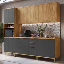 Armário de Cozinha com Balcão e Tampo 13 Portas 3 Gavetas Nice 100% Mdf Amêndoa/Chumbo - Pnr Móveis