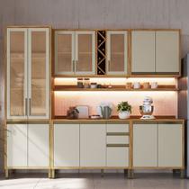 Armário de Cozinha com Balcão e Tampo 13 Portas 3 Gavetas Pérola Premium com Prateleiras 100% Mdf Vidro Reflecta Amêndoa/Off White - Pnr Móveis