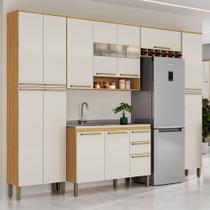 Armário de Cozinha com Balcão para Pia 13 Portas 2 Gavetas Xangai 100% Mdf Vidro Reflecta Amêndoa/Off White - Pnr Móveis