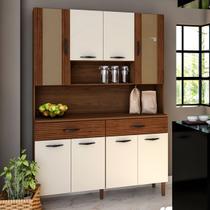 Armário de Cozinha com Balcão Star 8 Portas 2 Gavetas com Vidro Ripado 3d Nogueira/Off White - Pnr Móveis