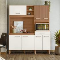 Armário de Cozinha Compacta 7 Portas 1 Gaveta Yara Branco/Ipe/Off White Armário de Cozinha Compacta 7 Portas 1 Gaveta Yara Branco/Ipe/Off White