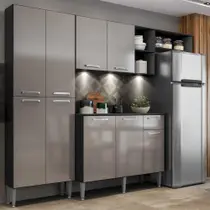 Armário de Cozinha Compacta com 3 Leds Balcão com Tampo Pequim Multimóveis Preta/Lacca Fumê