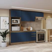 Armário de Cozinha Completa 100% MDF 270cm Nogueira/Azul Profundo Celeste Kappesberg