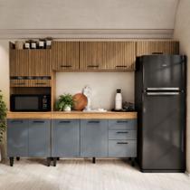 Armário de Cozinha Completa Veneza 243cm com 11 Portas 2 Gavetas Nichos para Microondas e Forno MDF MDP Design Moderno Freijó Grafite com Balcão