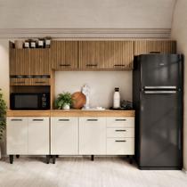 Armário de Cozinha Completa Veneza 243cm com 11 Portas 2 Gavetas Nichos para Microondas e Forno MDF MDP Design Moderno Freijó Grafite com Balcão