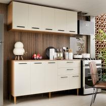 Armário de Cozinha Completo Bela 140cm com Aéreo Ripado Balcão 3 Portas e 2 Gavetas com Corrediça MDF MDP Design Moderno para Cozinha