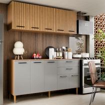 Armário de Cozinha Completo Bela 140cm com Aéreo Ripado Balcão 3 Portas e 2 Gavetas com Corrediça MDF MDP Design Moderno para Cozinha Armário de Cozinha Completo Bela 140cm com Aéreo Ripado Balcão 3 Portas e 2 Gavetas com Corrediça MDF MDP Design Moderno para Cozinha