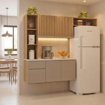 Armário De Cozinha Completo Suspenso 163cm Com 5 Portas E 2 Gavetas Compacto Cor Damasco Ripado OffWhite Poquema