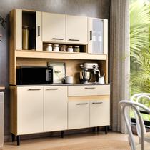 Armário de Cozinha Coral 120cm Design Ripado Compacta com Balcão e Aéreo Nicho Microondas 8 Portas 1 Gaveta MDF MDP