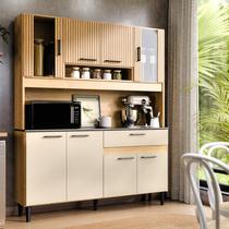 Armário de Cozinha Coral 120cm Design Ripado Compacta com Balcão e Aéreo Nicho Microondas 8 Portas 1 Gaveta MDF MDP