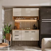 Armário de Cozinha Eliza Completo com Aéreo e Balcão Suspenso MDF Moderno com Portas e Gavetas Design Ripado para Cozinha Compacta