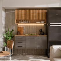 Armário de Cozinha Eliza Completo com Aéreo e Balcão Suspenso MDF Moderno com Portas e Gavetas Design Ripado para Cozinha Compacta