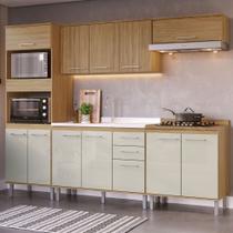 Armário de Cozinha Elóra com Balcão para Pia e Cooktop 12 Portas 2 Gavetas Naturalle/Cristalo - Pnr Móveis