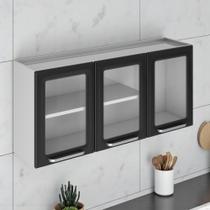 Armário de Cozinha em Aço 3 Portas com Vidro 120cm Dobradiças Slow Motion Tarsila Itatiaia Preto/Branco
