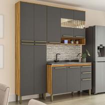 Armário de Cozinha Modulada com Balcão e Tampo 10 Portas 2 Gavetas Xangai 100% Mdf com Vidro Reflecta Amêndoa/Chumbo - Pnr Móveis