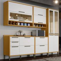 Armário de Cozinha Modulada com Balcão e Tampo 11 Portas 4 Gavetas ágata 100% Mdf Vidro Reflecta Amêndoa/Branco - Pnr Móveis