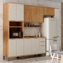 Armário de Cozinha Modulada com Balcão e Tampo 12 Portas 3 Gavetas Nice Canelado 100% Mdf Amêndoa/Off White - Pnr Móveis