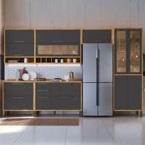 Armário de Cozinha Modulada com Balcão e Tampo 12 Portas 4 Gavetas ágata 100% Mdf Vidro Reflecta Amêndoa/Chumbo - Pnr Móveis