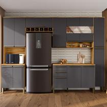 Armário de Cozinha Modulada com Balcão e Tampo 13 Portas 2 Gavetas Xangai 100% Mdf com Vidro Reflecta Amêndoa/Chumbo - Pnr Móveis