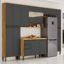 Armário de Cozinha Modulada com Balcão e Tampo 13 Portas 2 Gavetas Xangai Slim 100% Mdf com Vidro Reflecta Amêndoa/Chumbo - Pnr Móveis