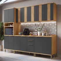 Armário de Cozinha Modulada com Balcão e Tampo 13 Portas 3 Gavetas Nice Canelado 100% Mdf Amêndoa/Chumbo - Pnr Móveis