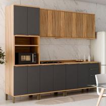 Armário de Cozinha Modulada com Balcão e Tampo 13 Portas 3 Gavetas Nice Fresado 100% Mdf Amêndoa/Chumbo - Pnr Móveis