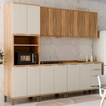 Armário de Cozinha Modulada com Balcão e Tampo 13 Portas 3 Gavetas Nice Fresado 100% Mdf Amêndoa/Off White - Pnr Móveis