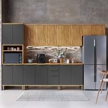 Armário de Cozinha Modulada com Balcão e Tampo 14 Portas 3 Gavetas Nice Fresado 100% Mdf Amêndoa/Chumbo - Pnr Móveis