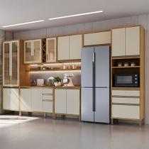 Armário de Cozinha Modulada com Balcão e Tampo 17 Portas 5 Gavetas Pérola 100% Mdf Vidro Reflecta Amêndoa/Off White - Pnr Móveis