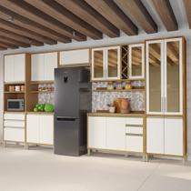 Armário de Cozinha Modulada com Balcão e Tampo 17 Portas 5 Gavetas Pérola Premium 100% Mdf Vidro Reflecta Amêndoa/Off White - Pnr Móveis