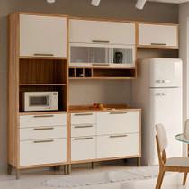 Armário de Cozinha Modulada com Balcão e Tampo 7 Portas 5 Gavetas ágata 100% Mdf Vidro Reflecta Amêndoa/Branco - Pnr Móveis