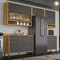Armário de Cozinha Modulada com Balcão e Tampo 8 Portas 4 Gavetas ágata 100% Mdf Vidro Reflecta Amêndoa/Chumbo - Pnr Móveis