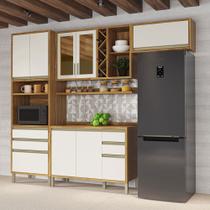 Armário de Cozinha Modulada com Balcão e Tampo 8 Portas 5 Gavetas Pérola 100% Mdf Vidro Reflecta Amêndoa/Off White - Pnr Móveis