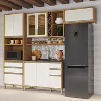 Armário de Cozinha Modulada com Balcão para Pia 8 Portas 5 Gavetas Pérola 100% Mdf Vidro Reflecta Amêndoa/Off White - Pnr Móveis