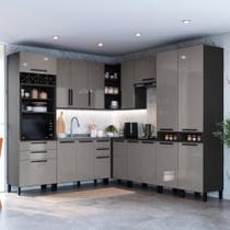 Armário de Cozinha Modulada Completa de Canto Fidelitá Mônaco 9 Peças 519cm 15 Portas 6 Gavetas Sem Tampo Chumbo/Titânio