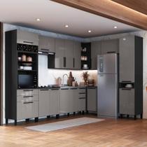 Armário de Cozinha Modulada Completa de Canto Fidelitá Mônaco 9 Peças 549cm 14 Portas 6 Gavetas Sem Tampo Chumbo/Titânio