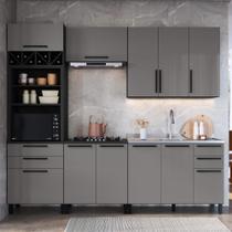 Armário de Cozinha Modulada Completa Fidelitá Mônaco 5 Peças 270cm 9 Portas 6 Gavetas Sem Tampo Chumbo/Titânio