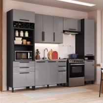 Armário de Cozinha Modulada Completa Fidelitá Mônaco 5 Peças 320cm 9 Portas 6 Gavetas Sem Tampo Chumbo/Titânio
