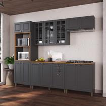 Armário de Cozinha Modulada Completa Fidelitá Nara 100% MDF 5 Peças 270cm 14 Portas 2 Gavetas Com Tampo Chumbo