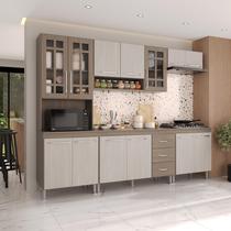 Armário de Cozinha Modulada Completa Fidelitá Paris 5 Peças 260cm 13 Portas 3 Gavetas Com Tampo Nogal/Salinas